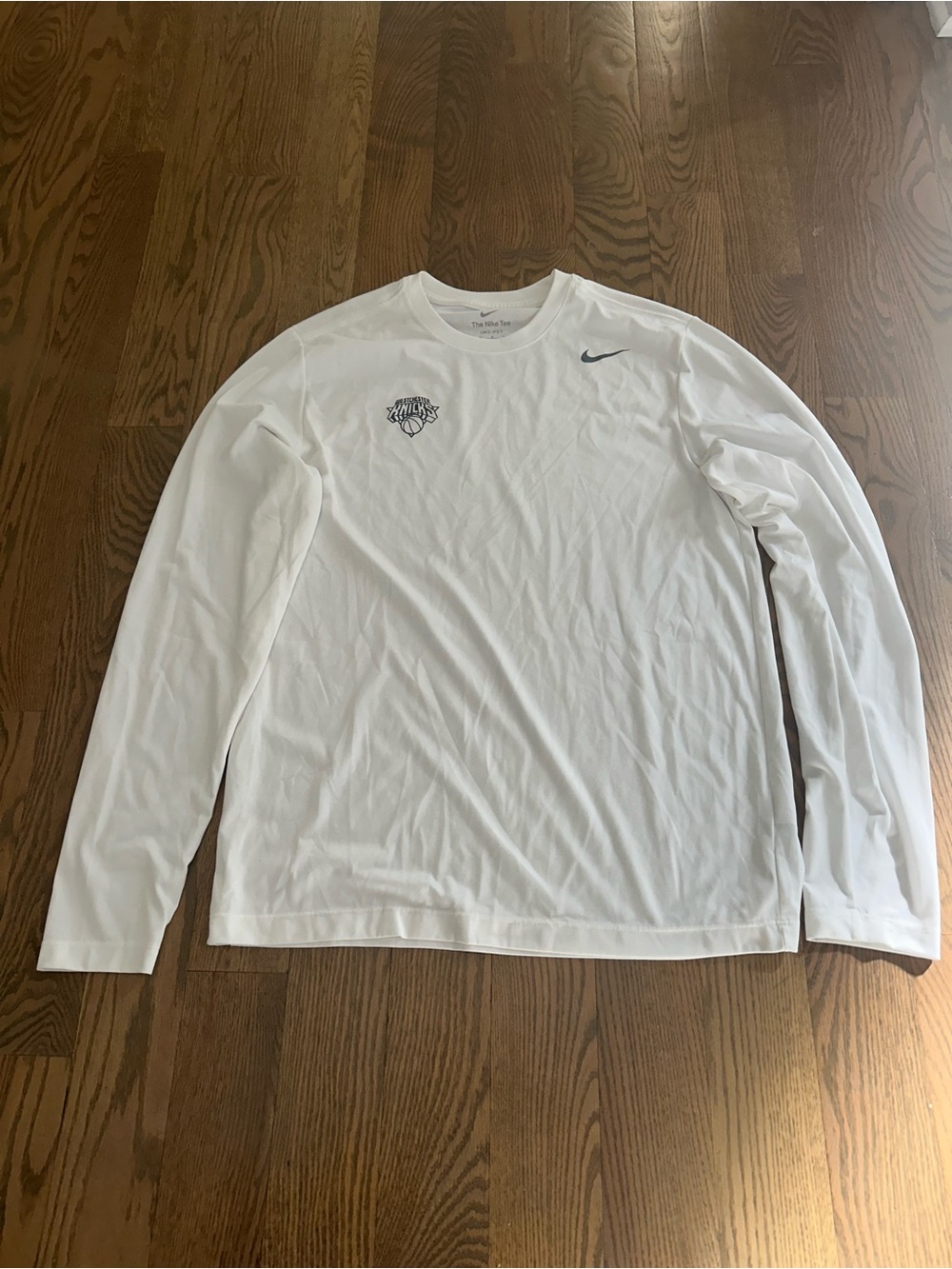 Nike White Long-Sleeve Performance Tee with Knicks and Swoosh